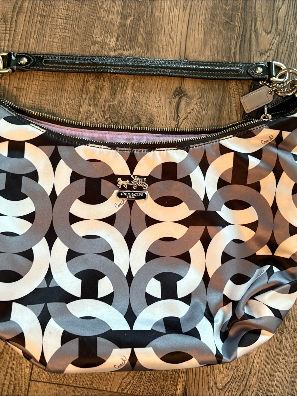 Coach Black, Gray & White Signature Circle Hobo Shoulder Bag